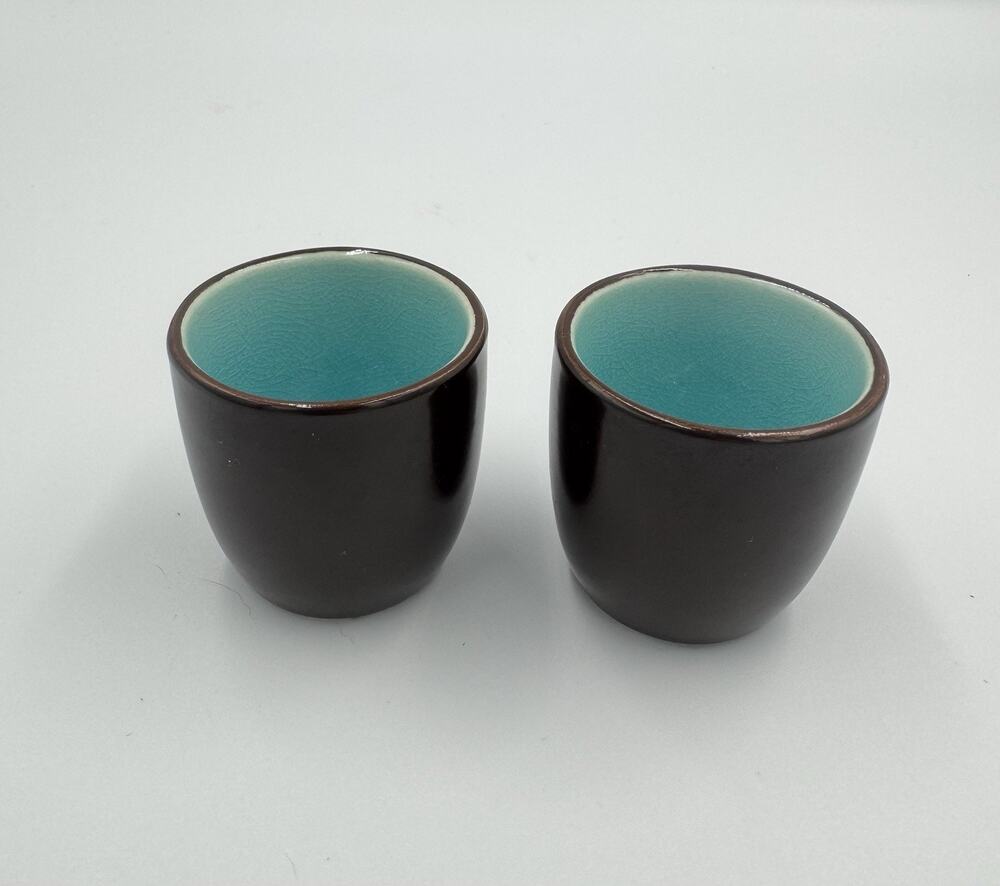 Vintage Visun China Turquoise Crackle Sake Cup Pair – Brown Underglaze MCM